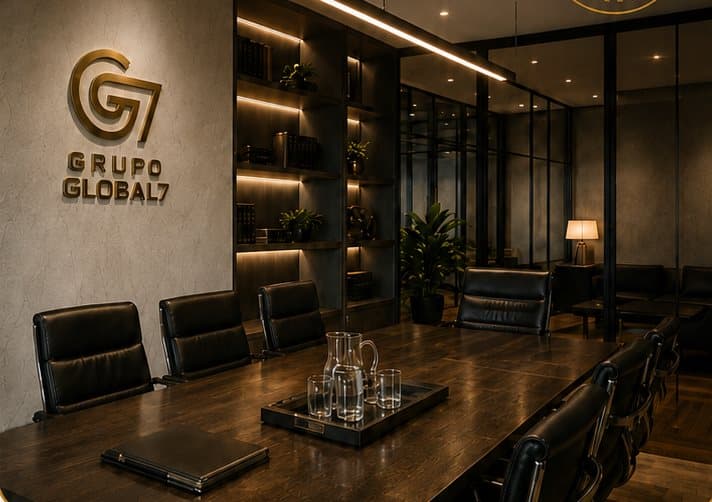 Sala de reunião do Grupo Global7 com logo dourado na parede